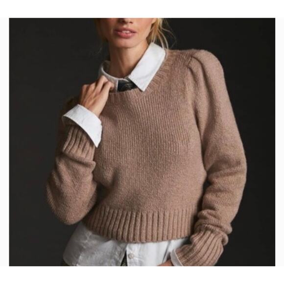 Anthropologie Maeve Crewneck Puff-Sleeve Sweater Size Large Taupe - Picture 1 of 7